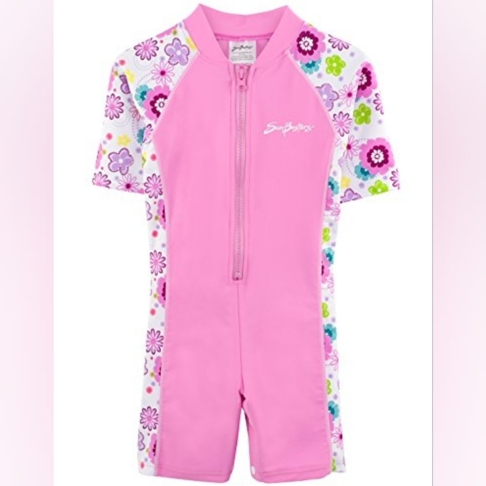 SunBusters Girls UV Fitted Rash Swim Sun Suit Set Pink Floral